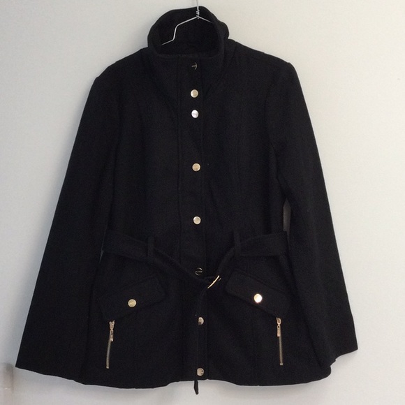 Guess Los Angeles Large Black Pea Coat w Belt - Picture 2 of 12